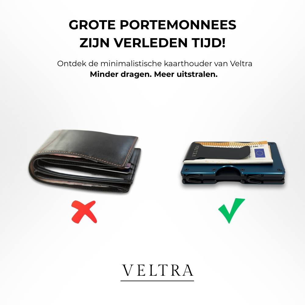 Veltra minimalistische kaarthouder naast dikke leren portemonnee – slank alternatief voor traditionele wallet; minder dragen, meer uitstraling.