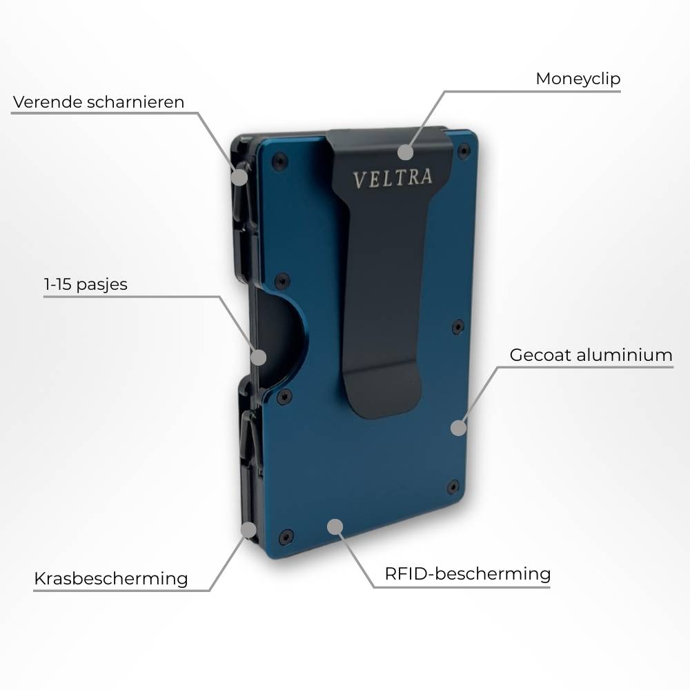 Veltra kaarthouder met moneyclip – gecoat aluminium, verende scharnieren, RFID-bescherming en krasbescherming; geschikt voor 1–15 pasjes.