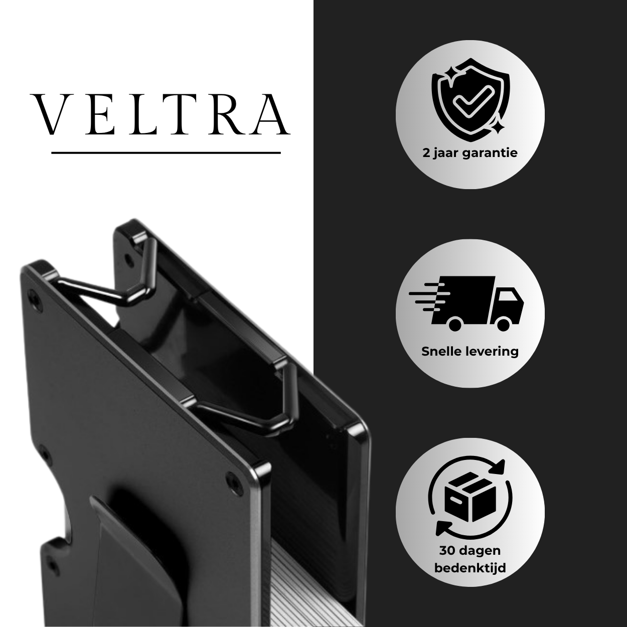 Veltra aluminium pasjeshouder – close-up productfoto met 2 jaar garantie, snelle levering en 30 dagen bedenktijd.