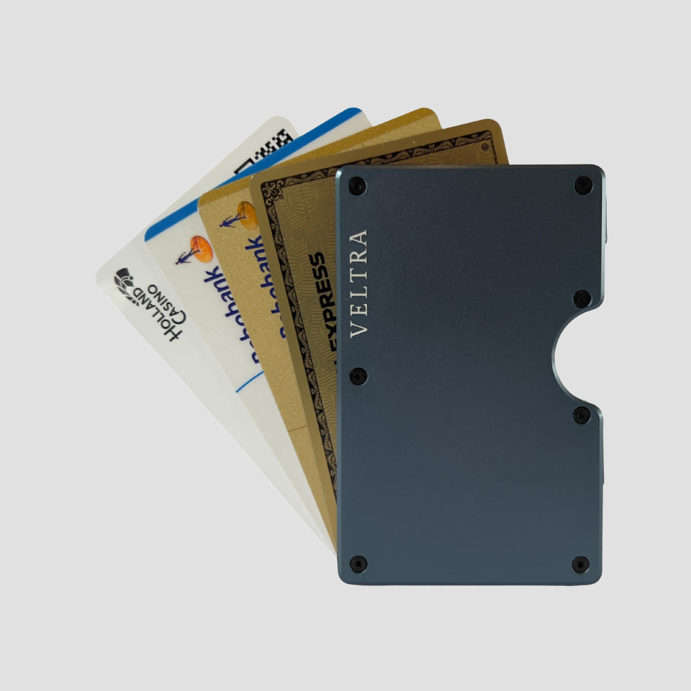 Luxe aluminium pasjeshouder | 1-15 pasjes | RFID bescherming | Antracietblauw - Veltra