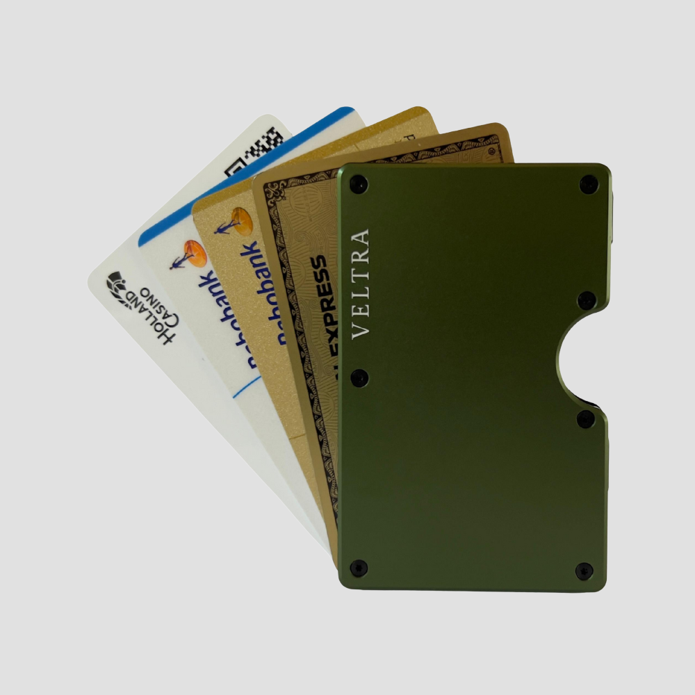 Luxe aluminium pasjeshouder | 1-15 pasjes | RFID bescherming | Olijfgroen - Veltra