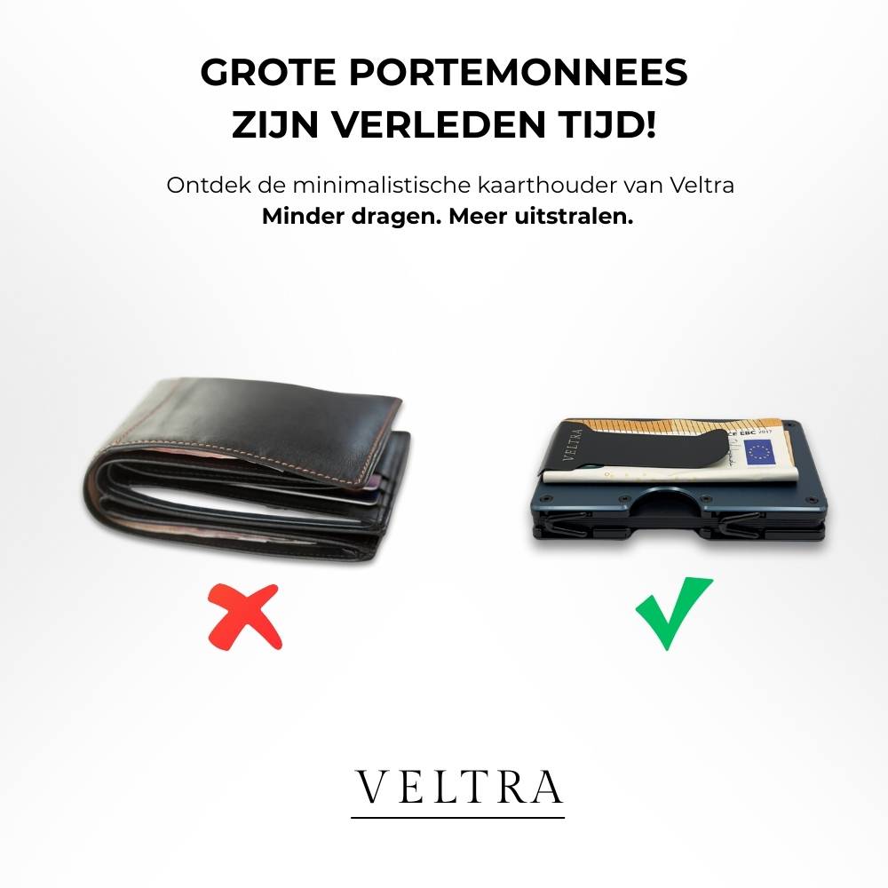 Veltra minimalistische kaarthouder naast dikke leren portemonnee – slank alternatief voor traditionele wallet; minder dragen, meer uitstraling.
