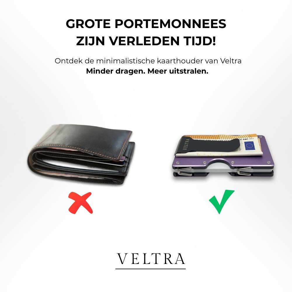 Veltra minimalistische kaarthouder naast dikke leren portemonnee – slank alternatief voor traditionele wallet; minder dragen, meer uitstraling.
