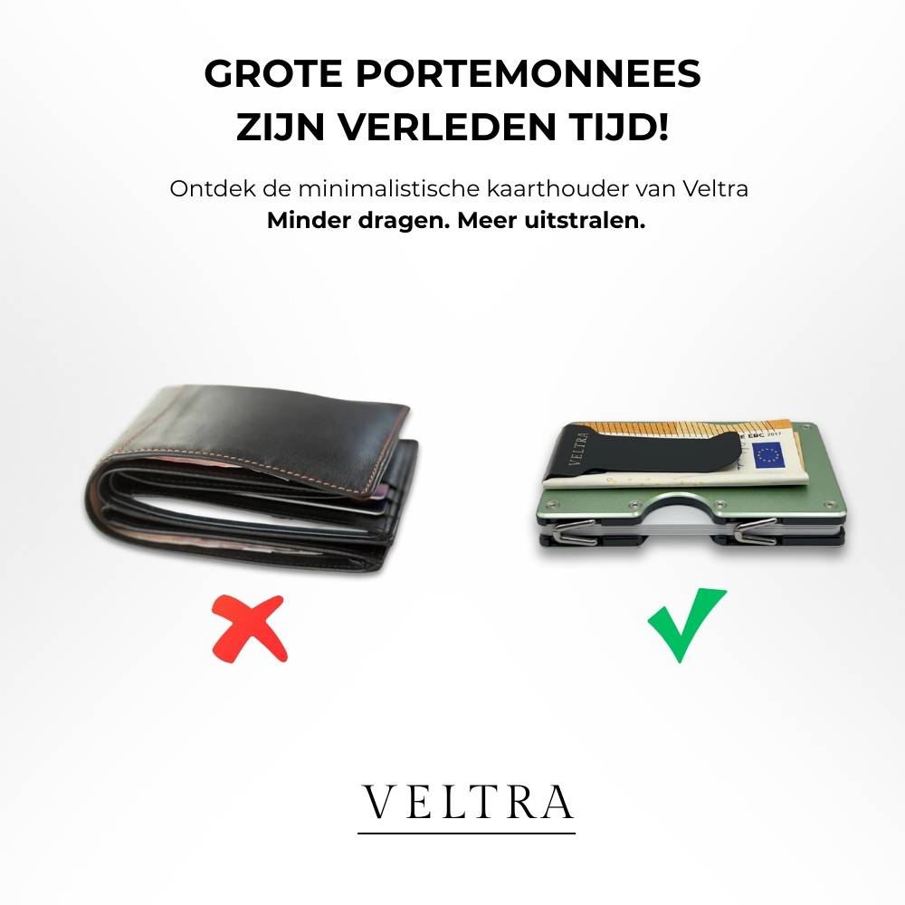 Veltra minimalistische kaarthouder naast dikke leren portemonnee – slank alternatief voor traditionele wallet; minder dragen, meer uitstraling.