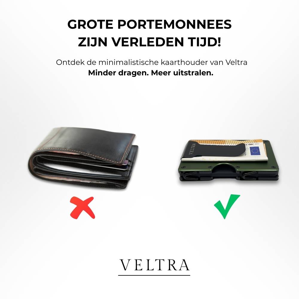 Veltra minimalistische kaarthouder naast dikke leren portemonnee – slank alternatief voor traditionele wallet; minder dragen, meer uitstraling.