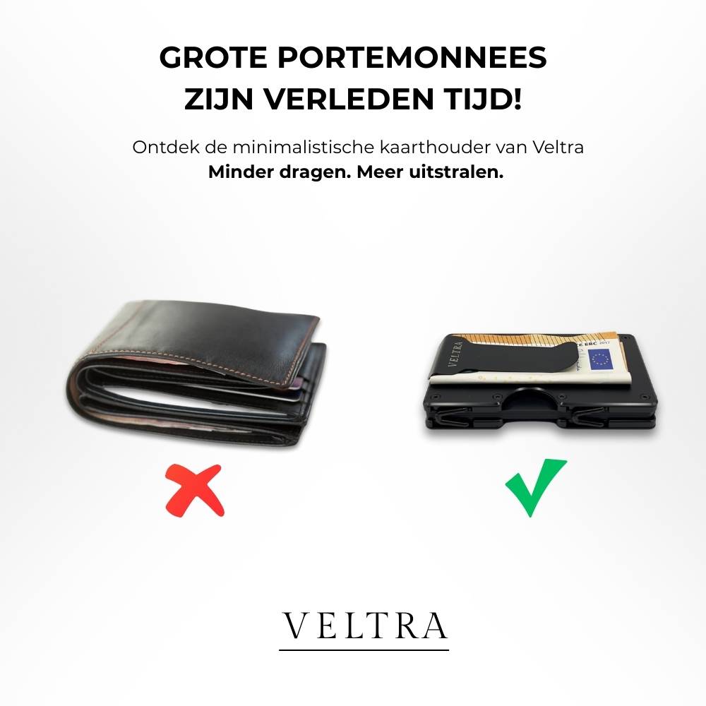 Veltra minimalistische kaarthouder naast dikke leren portemonnee – slank alternatief voor traditionele wallet; minder dragen, meer uitstraling.