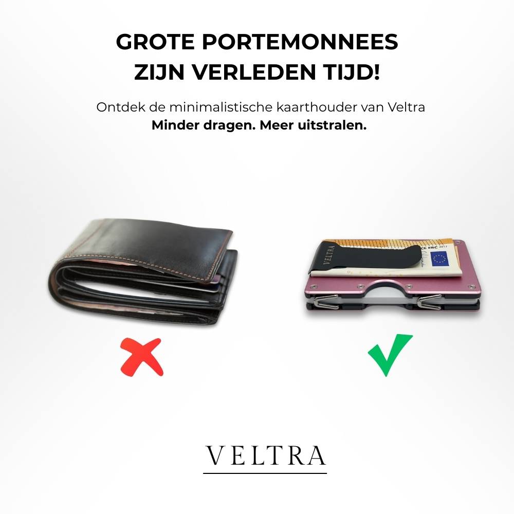 Veltra minimalistische kaarthouder naast dikke leren portemonnee – slank alternatief voor traditionele wallet; minder dragen, meer uitstraling.