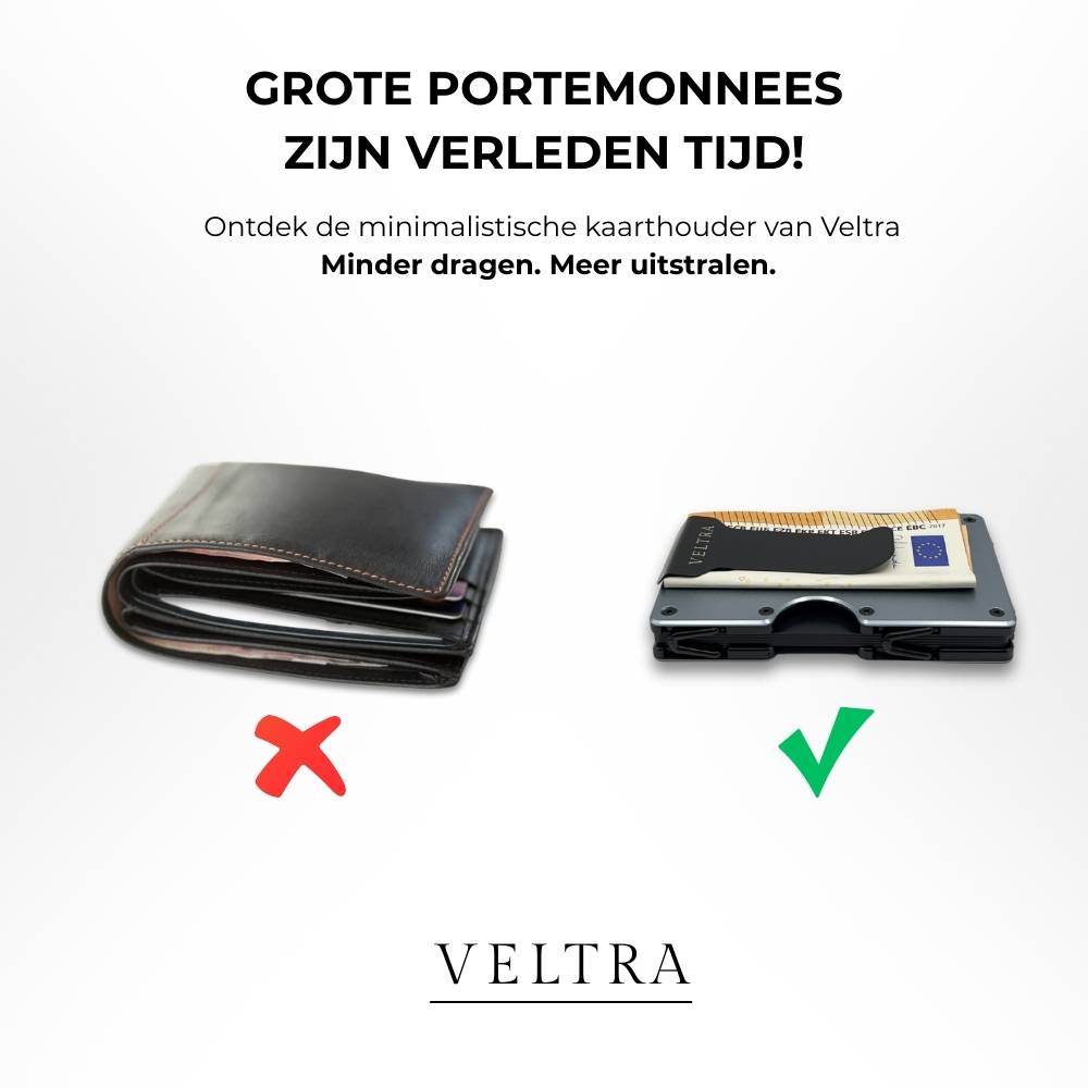 Veltra minimalistische kaarthouder naast dikke leren portemonnee – slank alternatief voor traditionele wallet; minder dragen, meer uitstraling.