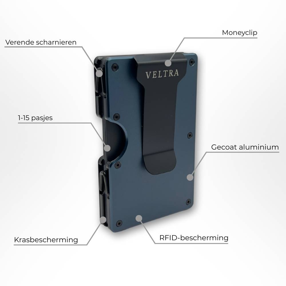 Veltra kaarthouder met moneyclip – gecoat aluminium, verende scharnieren, RFID-bescherming en krasbescherming; geschikt voor 1–15 pasjes.