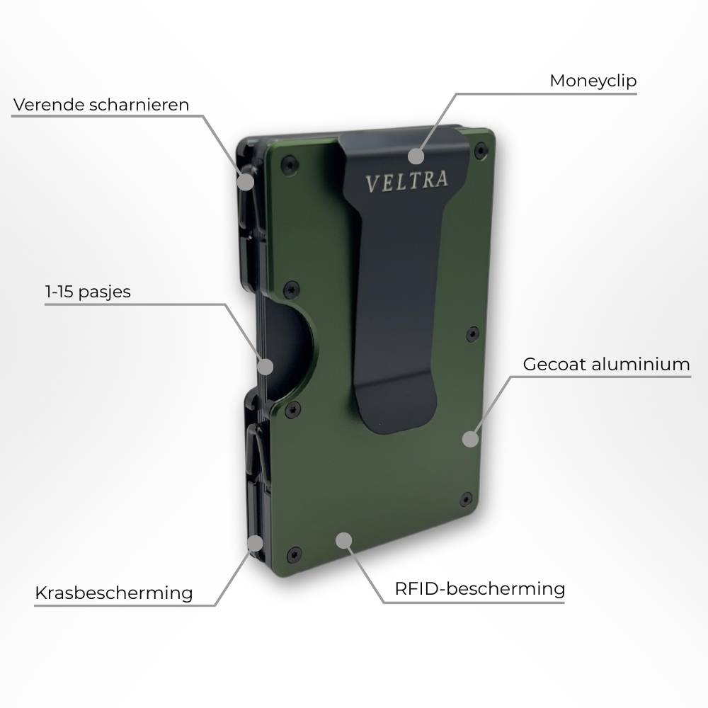 Veltra kaarthouder met moneyclip – gecoat aluminium, verende scharnieren, RFID-bescherming en krasbescherming; geschikt voor 1–15 pasjes.