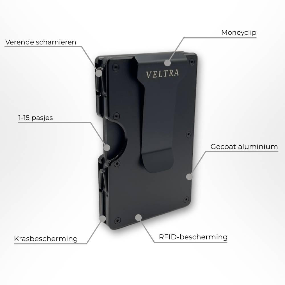 Veltra kaarthouder met moneyclip – gecoat aluminium, verende scharnieren, RFID-bescherming en krasbescherming; geschikt voor 1–15 pasjes.