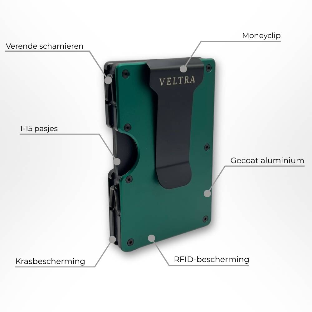 Veltra kaarthouder met moneyclip – gecoat aluminium, verende scharnieren, RFID-bescherming en krasbescherming; geschikt voor 1–15 pasjes.