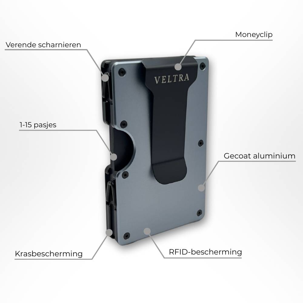 Veltra kaarthouder met moneyclip – gecoat aluminium, verende scharnieren, RFID-bescherming en krasbescherming; geschikt voor 1–15 pasjes.