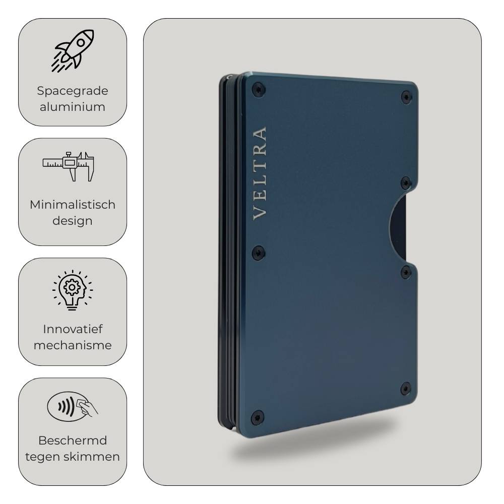 Veltra kaarthouder van hoogwaardig aluminium – minimalistisch design met innovatief mechanisme en RFID-bescherming tegen skimmen.