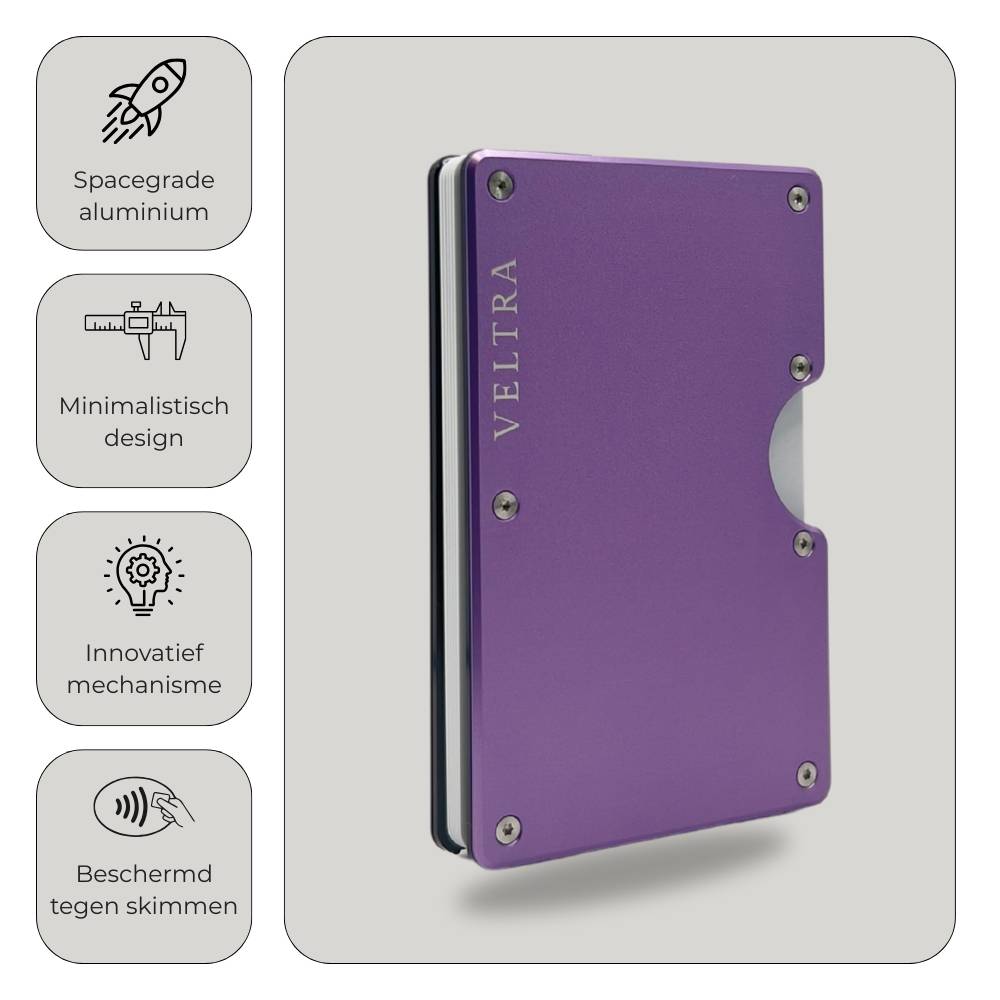 Veltra kaarthouder van hoogwaardig aluminium – minimalistisch design met innovatief mechanisme en RFID-bescherming tegen skimmen.