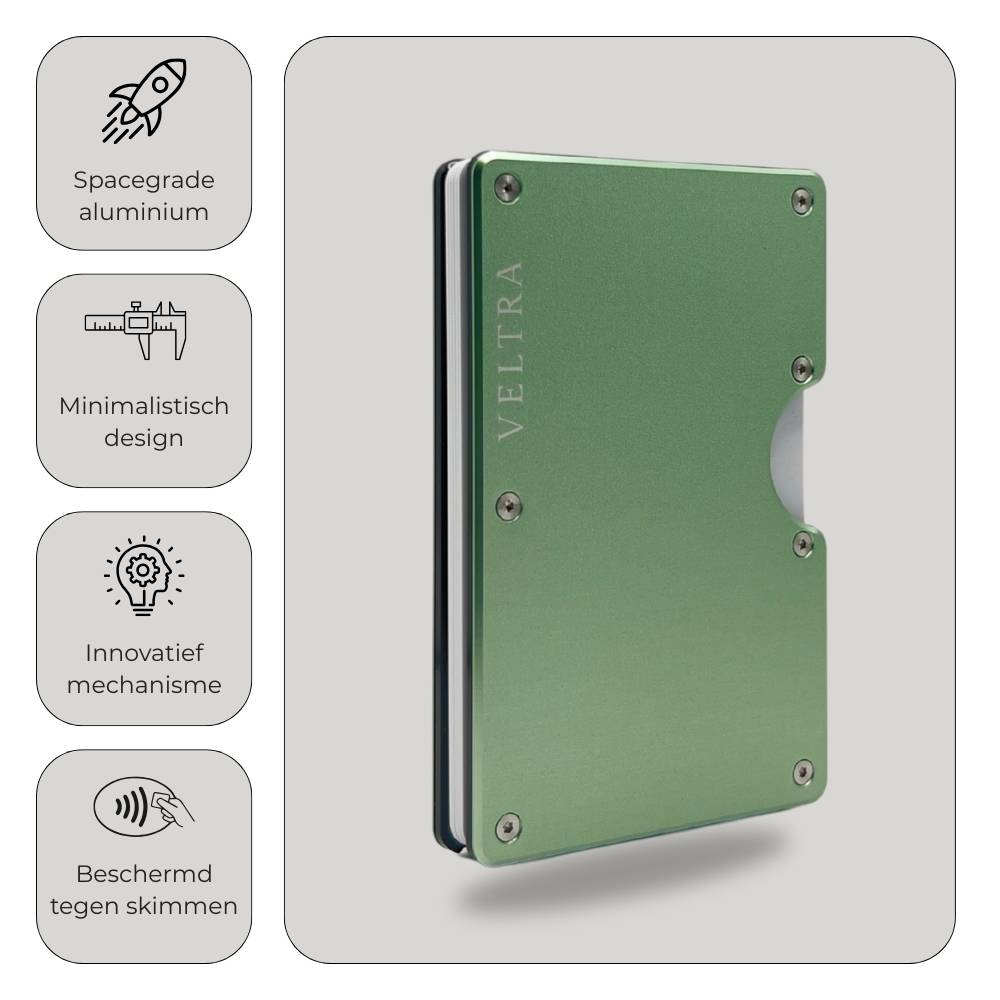Veltra kaarthouder van hoogwaardig aluminium – minimalistisch design met innovatief mechanisme en RFID-bescherming tegen skimmen.