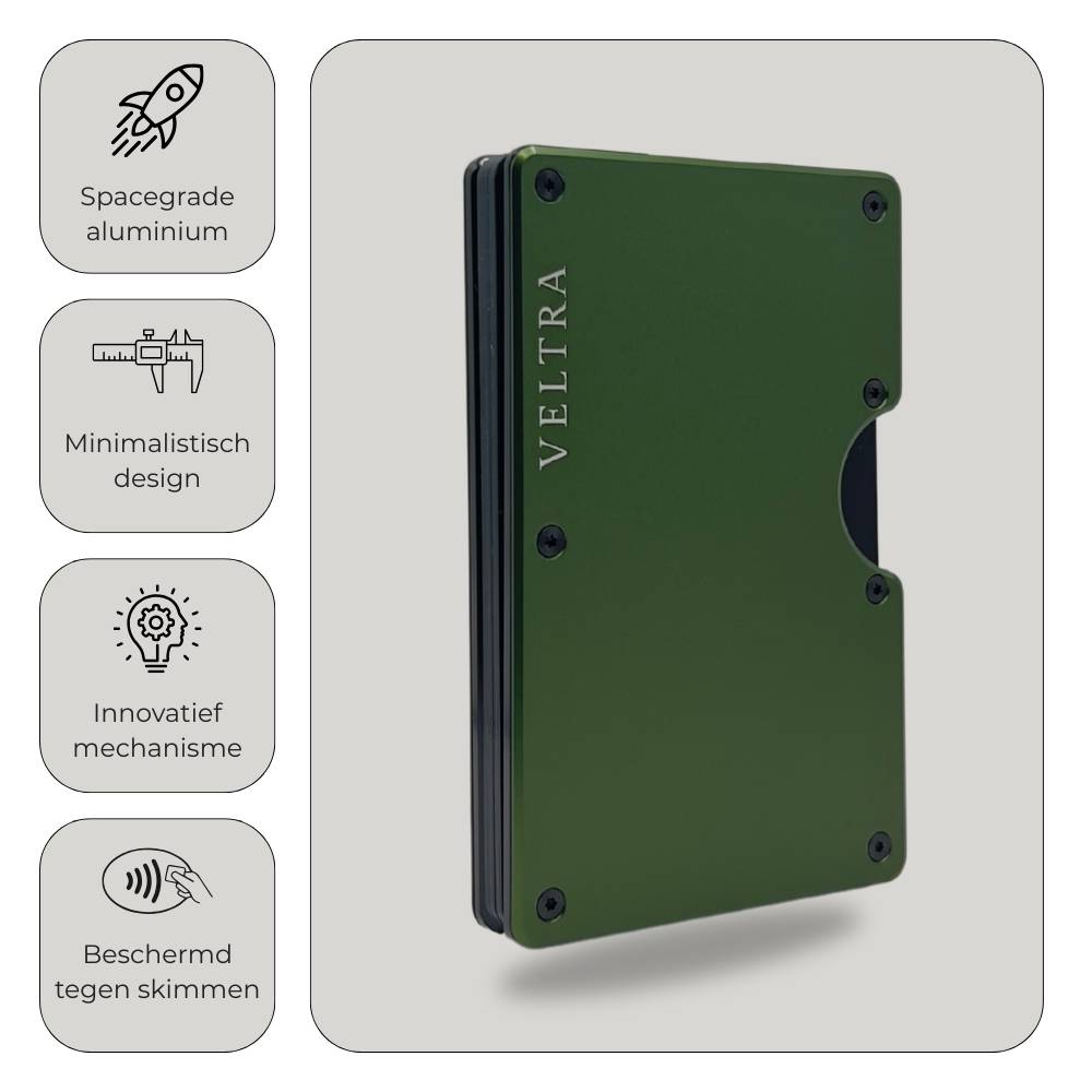 Veltra kaarthouder van hoogwaardig aluminium – minimalistisch design met innovatief mechanisme en RFID-bescherming tegen skimmen.