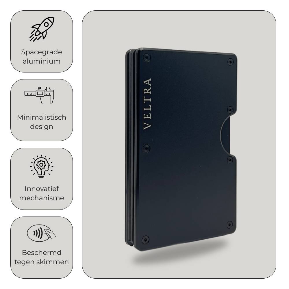 Veltra kaarthouder van hoogwaardig aluminium – minimalistisch zwart design met innovatief mechanisme en RFID-bescherming tegen skimmen.