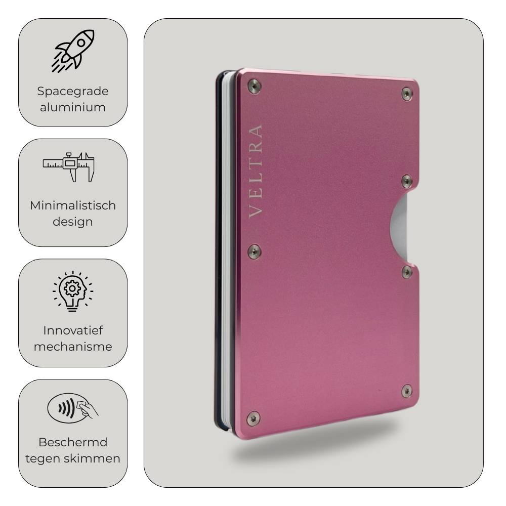 Veltra kaarthouder van hoogwaardig aluminium – minimalistisch design met innovatief mechanisme en RFID-bescherming tegen skimmen.