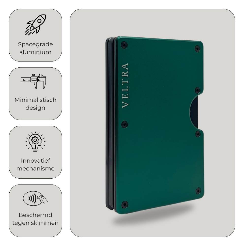 Veltra kaarthouder van hoogwaardig aluminium – minimalistisch design met innovatief mechanisme en RFID-bescherming tegen skimmen.